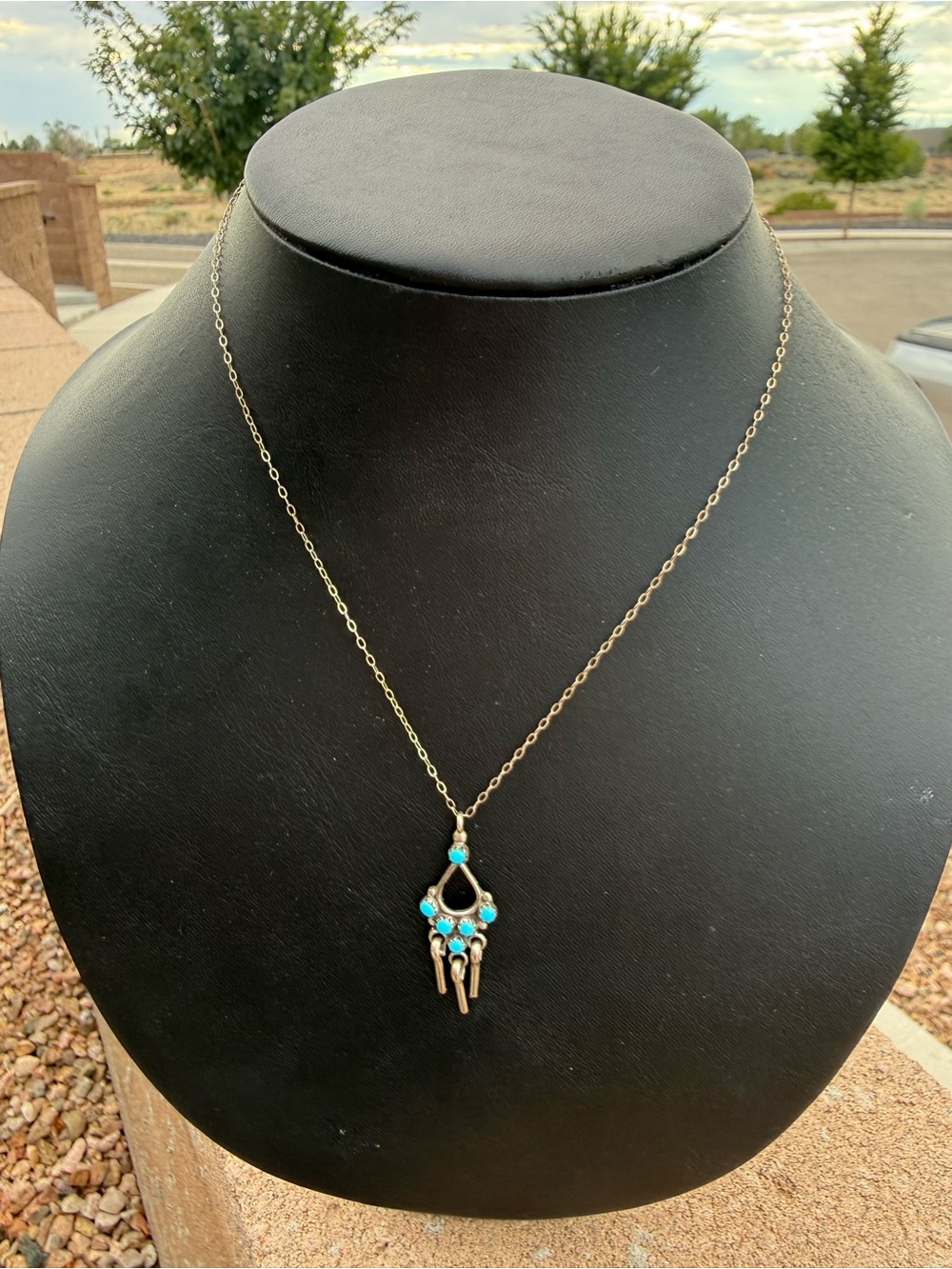 Vintage Zuni Style Sterling Silver Turquoise Cluster Pendant Necklace 18"